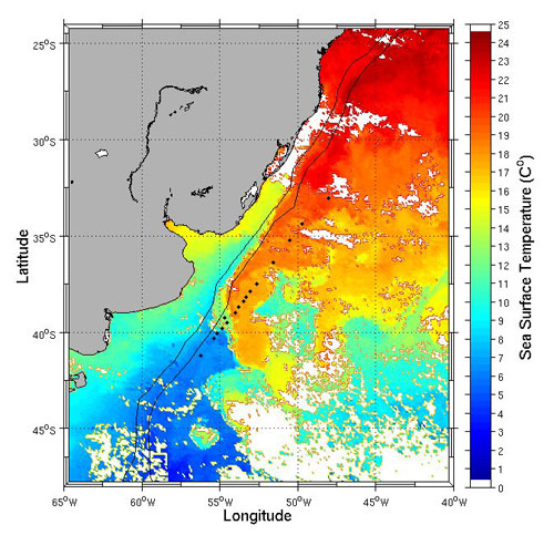 Carta de temperatura da superfície do mar com os pontos de amostragem do navio na região de estudo