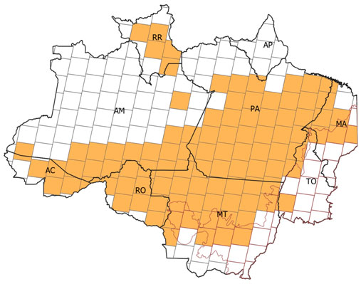 Áreas em laranja indicam as 99 cenas OLI/Landsat-8 selecionadas para a estimativa PRODES 2019