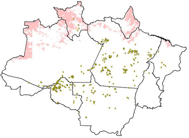 No mapa abaixo os pontos amarelos mostram a localização dos alertas emitidos pelo DETER. Em rosa, as áreas não monitoradas em julho devido à cobertura de nuvens