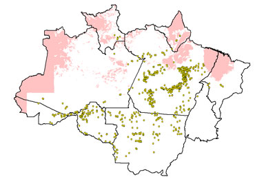 No mapa, as áreas cobertas por nuvens (indicadas em rosa) e os pontos onde foram registrados os alertas do sistema DETER neste mês de agosto